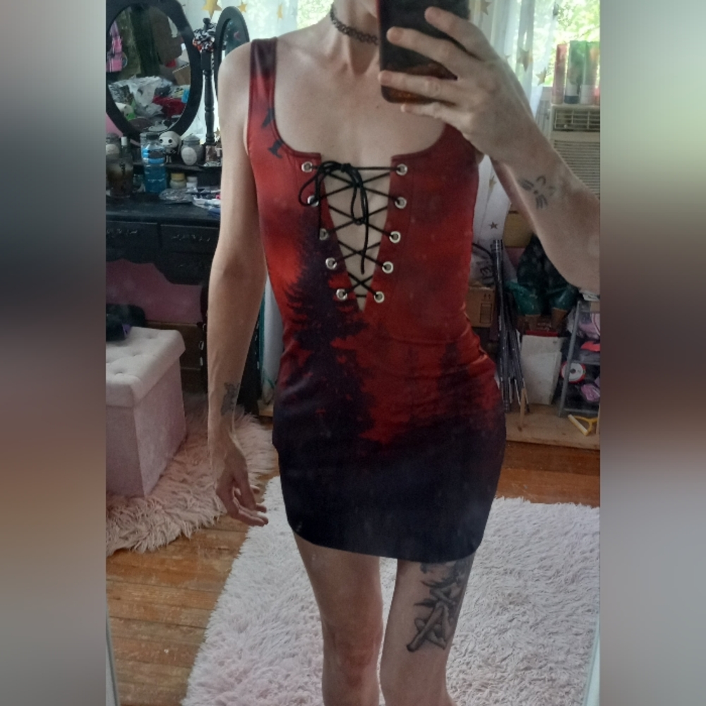 Dolls Kill Widow gothic bodycon laceup mini dress! Natures terror - Picture 2 of 13
